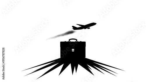 Silhouetted image of a briefcase with an airplane soaring overhead, representing travel
