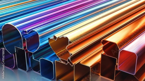 vibrant metallic extruded tubes and profiles with varied geometric cross-sections in iridescent rainbow hues, glossy reflective surfaces and dynamic diagonal arrangement