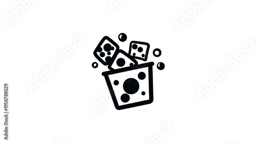 Black and white illustration depicts a bucket with dice spilling out and several bubbles
