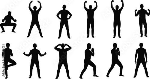 Set of various man silhouettes in fitness poses on white background, athletic male figures exercising, standing, and gesturing, bodyweight workout.