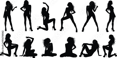 Silhouette collection of beautiful fashion models posing in high heels, set of sexy woman silhouettes for beauty, glamour, and style concepts