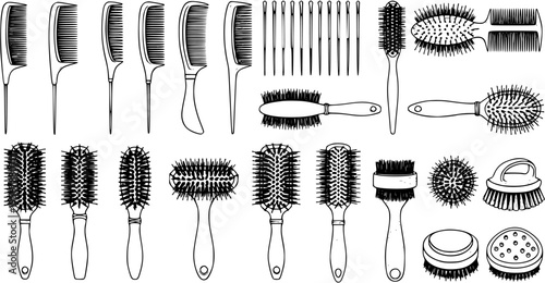 Detailed collection of various professional hair combs and brushes for styling, grooming, and barber shop use, presented as outline vector illustrations.