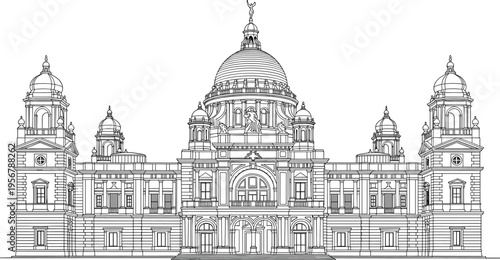 Victoria Memorial Kolkata architectural landmark illustration, historic monument palace building line art vector detailed facade