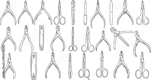 Manicure and Pedicure Tools: Seamless Outline Illustration of Clippers, Scissors, Files  Cuticle Pushers