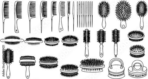 Detailed Black and White Line Art Illustration Set of Hair Care Tools: Assortment of Combs, Hairbrushes, Round Brushes, and Scalp Massagers for Professional Styling