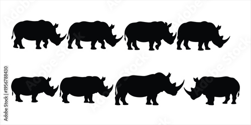 Collection of black rhinoceros silhouettes in various poses animal wildlife