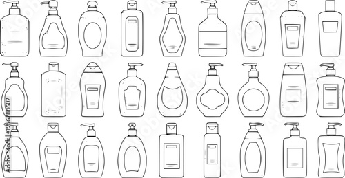 Various Body Care Products: Hand-Drawn Soap, Shampoo, and Lotion Bottles Collection