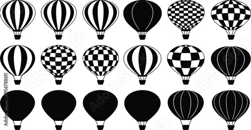 Collection of Black Silhouette Hot Air Balloons with Various Patterns on White airship aircraft