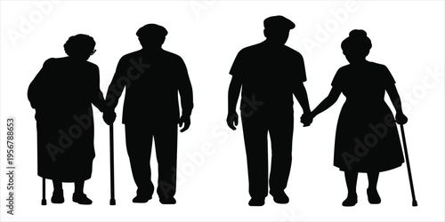 Elderly Couples Silhouettes Holding Hands on White Background vector