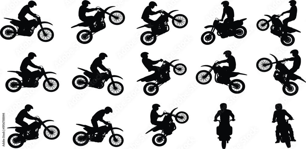 Obraz premium Motocross Rider Silhouettes Performing Stunts on White Background vector untitled
