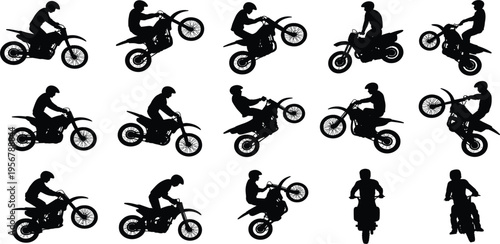 Motocross Rider Silhouettes Performing Stunts on White Background vector untitled