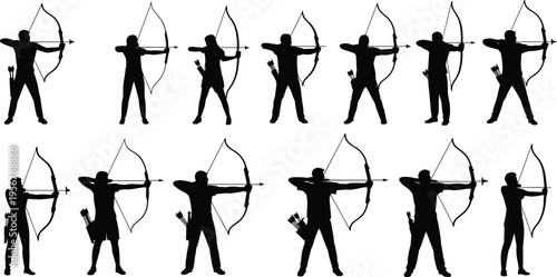 Silhouette collection of male and female archers in various stances with bows and arrows archery