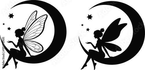 Silhouette of two fairies sitting on a crescent moon with stars fairy fantasy