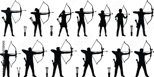 Silhouette set of archers with bows arrows and quivers on white background archery