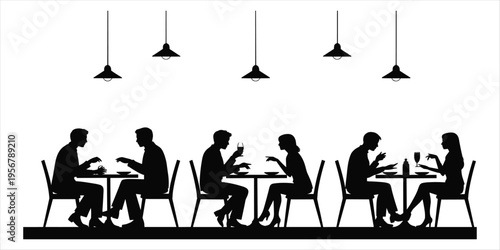 Silhouettes of people dining and drinking at tables in a restaurant setting cafe