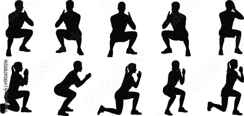 Silhouettes of men and women performing squats and lunges on white fitness exercise