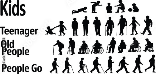 Silhouettes of people of different ages and abilities in various poses and activities kids teenager