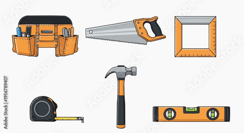 A variety of tools that are necessary for construction, carpentry or craft activities. Including a toolbox, saw, frame, tape measure, hammer and spirit level