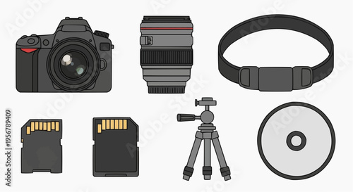 Various essential photography equipments for capturing memories. They consist of digital camera, camera lens, camera strap, memory cards, tripod and cd
