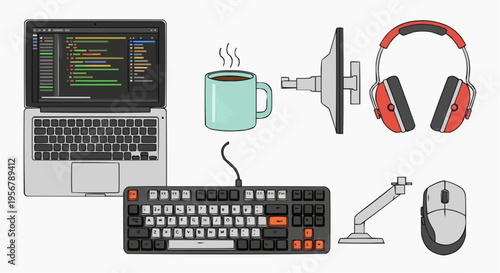 A developer's workspace with laptop, keyboard, and other items 