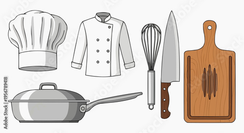 Culinary tools arranged on display, featuring chef hat, jacket, whisk, knife, and cutting board