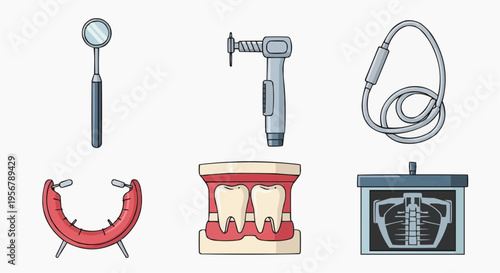Dental instruments in a row - Mirror, Dental Drill, Dental Suction, Mouth Prop, Dental Model, Dental X-ray