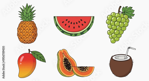 A vibrant assortment of colorful fruits: pineapple, watermelon, grapes, mango, papaya, and coconut