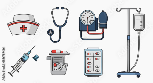 A collection of medical equipment and tools, including a stethoscope, blood pressure monitor, and syringe