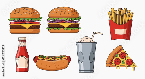 A Delicious Selection of Fast Food and Snacks: Burgers, fries, hotdog, pizza, milkshake and ketchup