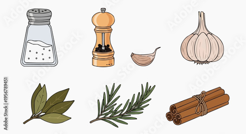 Illustration of culinary herbs and spices, perfect for adding flavor to your dishes. Displaying salt, pepper, garlic, bay leaf, rosemary, and cinnamon, each element is clearly defined.