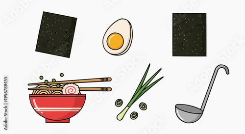 A top-down depiction of the essential ingredients of ramen, arranged for visual appeal. The image presents key elements of the dish: egg, seaweed, scallions, and a serving spoon.