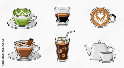 Variety of coffee beverages, perfect for cafe, menu, and advertising. Features different drinks with various textures, making it a great visual asset.