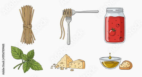 Ingredients for a delicious pasta dish, featuring spaghetti, tomato sauce, basil, cheese, olive oil
