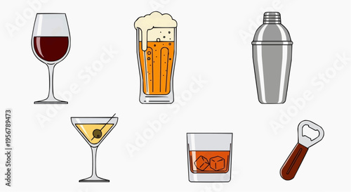 A selection of alcoholic beverages, with a cocktail shaker and bottle opener