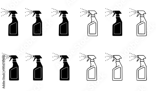 Disinfectant spray bottle icon set with mist effect in outline and silhouette styles vector isolated on white