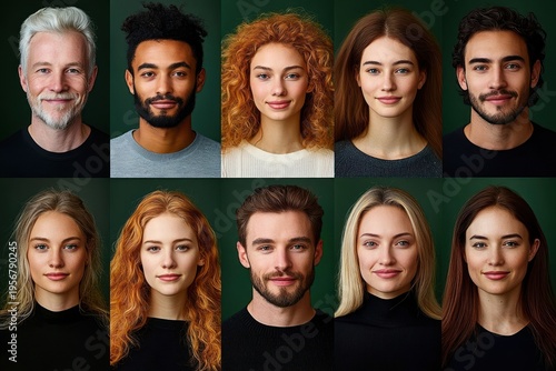 studio grid of ten diverse head-and-shoulders portraits with neutral, serious expressions against a deep green background