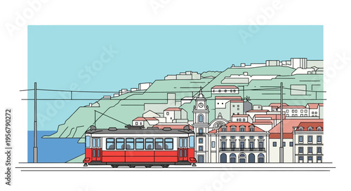 Red Tram on City Street Corner.