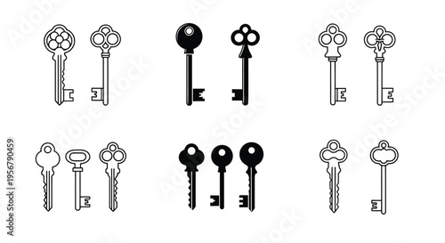 Collection of vintage and modern keys in black and white line art style