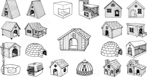 Collection of Pet Houses: Hand-Drawn Line Art