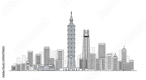 Skyscrapers in a cityscape line drawing.