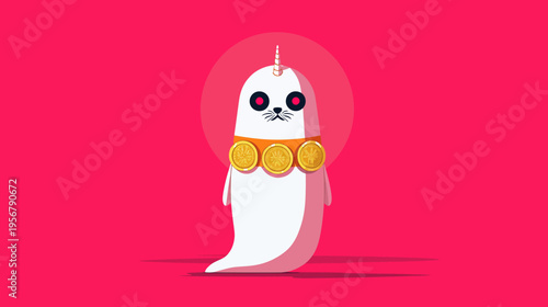 A cartoonish, pixelated seal-like creature with a unicorn horn, coin collar, red eyes, and whiskers