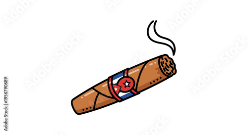 Smoking cigar with colorful label.