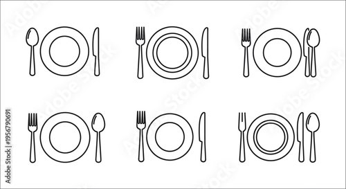 Line art illustration of multiple place settings with plates forks knives and spoons