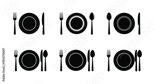 Black and white illustration of multiple place settings with forks knives and plates
