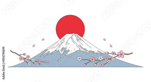 Snowy mountain with cherry blossoms.