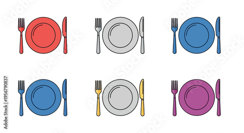 Colorful place settings with forks knives and plates arranged in a grid