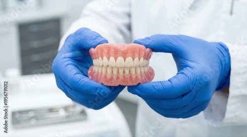 Close-up of a dentist wearing blue surgical gloves holding a perfect set of artificial dentures for an elderly patient.
