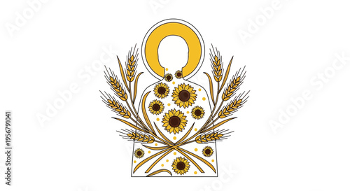 Sunflower Emblem with Wheat and Moon.
