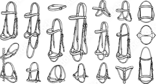 Detailed set of horse bridles and equestrian tack, showcasing various styles and components in black and white line art illustration.