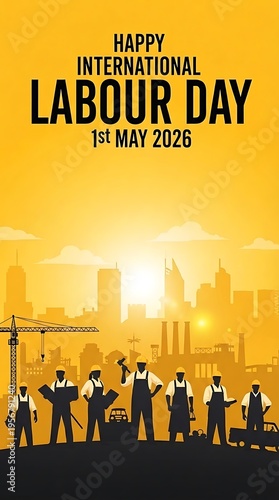 International labour day 2026 poster with silhouette of workers and industrial city skyline at sunset